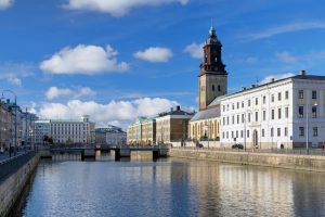 View of the Big Harbor Canal and Christina Church (Tyska Kyrkan) in Gothenburg, Sweden